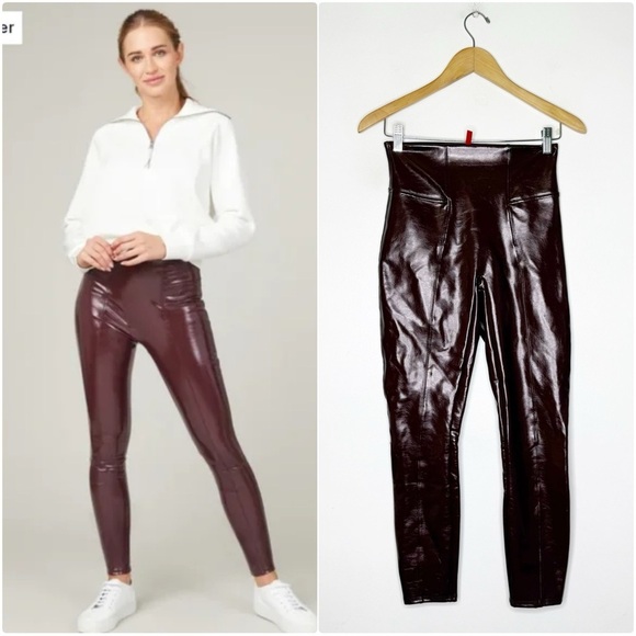 Spanx Red Faux Leather Leggings Patent Shinny Size Small Petite 4p/6p - Picture 1 of 7